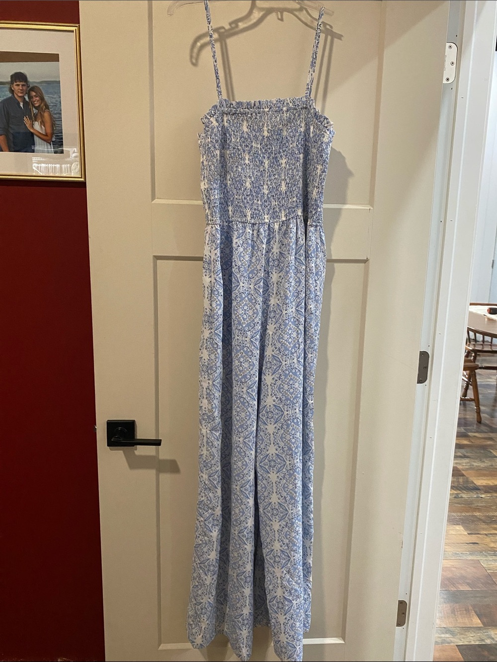 Blue and White Smocked Strap Jumpsuit